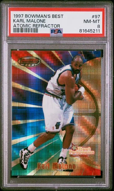 1997 Bowman's Best Karl Malone Atomic Refractor #97 card image