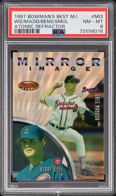 1997 Bowman's Best Kris Benson/Greg Madox/John Smoltz/Kerry Wood Mirror Image Atomic Refractor #MI3 card image