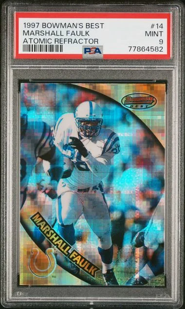 1997 Bowman's Best Marshall Faulk Atomic Refractor #14 card image