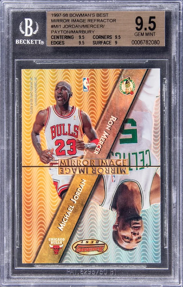 1997 Bowman's Best Michael Jordan, Ron Mercer, Gary Payton, Stephon Marbury Mirror Image Refractor #M1 card image
