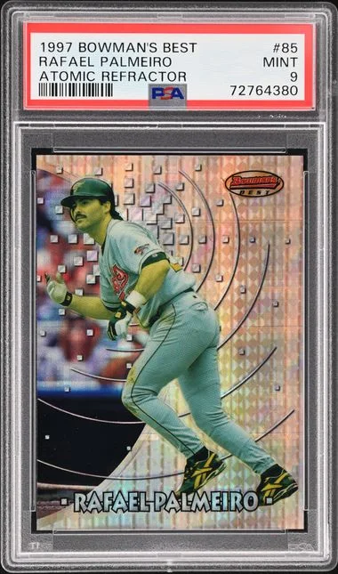 1997 Bowman's Best Rafael Palmeiro Atomic Refractor #85 card image