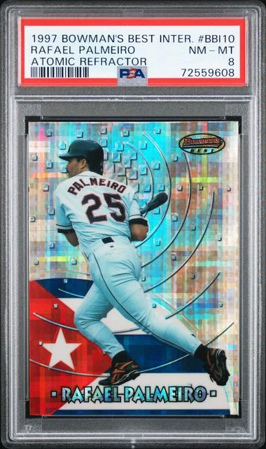 1997 Bowman's Best Rafael Palmeiro International Atomic Refractor #BBI10 card image