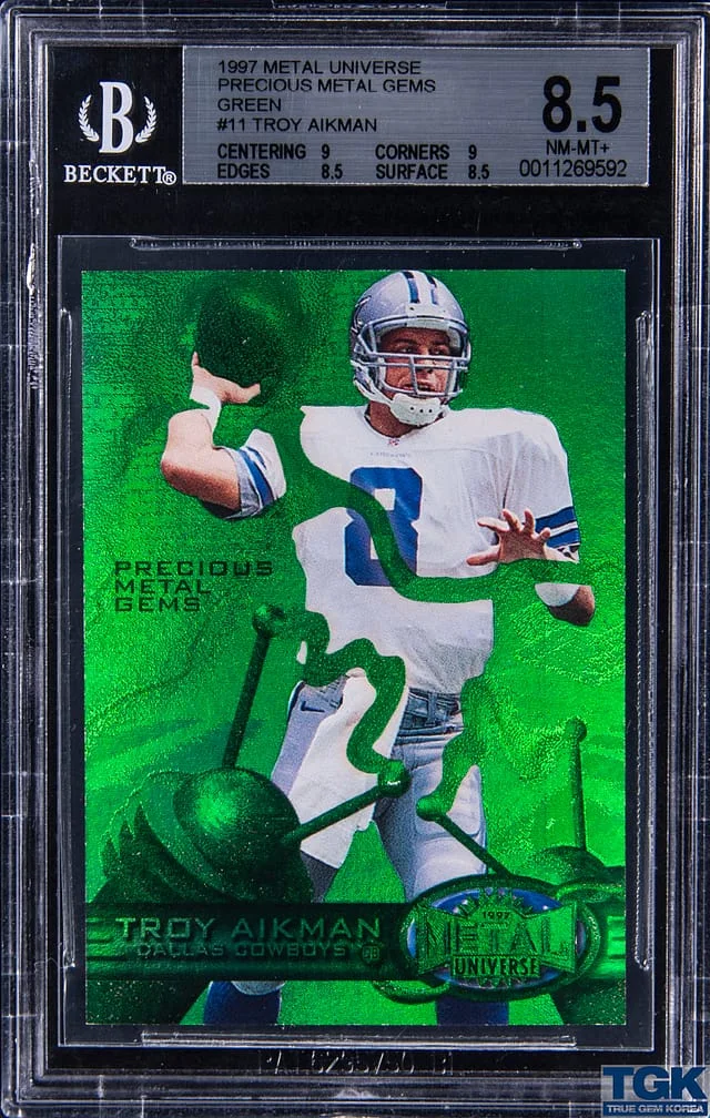 1997 Fleer Metal Universe Troy Aikman Precious Metal Gems (PMG) Green #11 card image