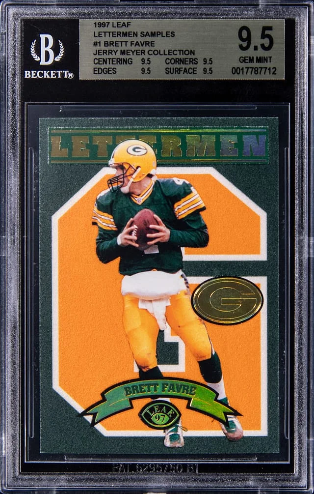 1997 Leaf Brett Favre (/1000) Lettermen Samples Jerry Meyer Collection #1 card image
