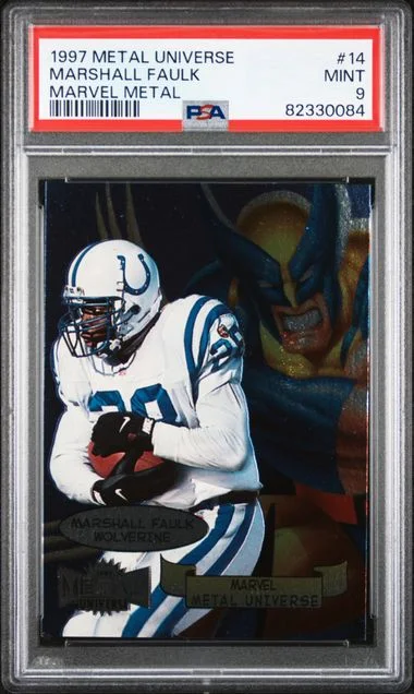 1997 Metal Universe Marshall Faulk Marvel Metal #14 card image