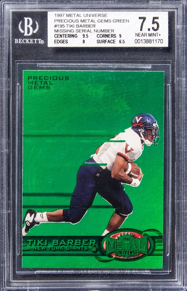 1997 Metal Universe Tiki Barber Precious Metal Gems (PMG) Green Missing Serial Number #195 card image