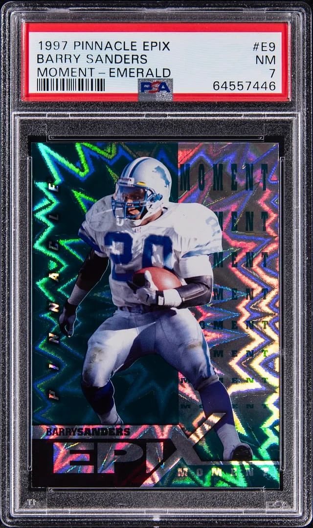 1997 Pinnacle Barry Sanders (/30) Epix Moment Emerald #E9 card image