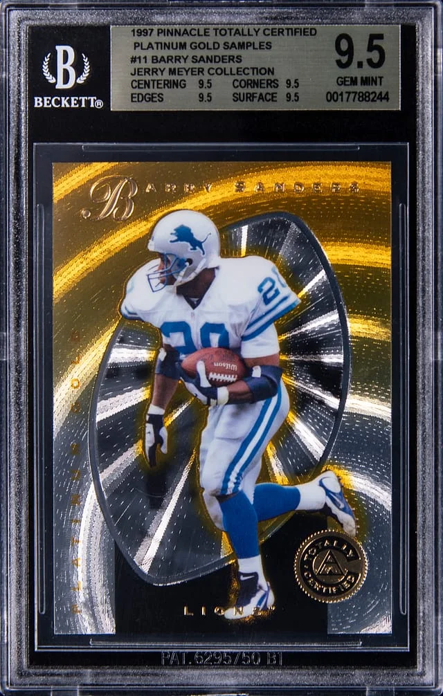 1997 Pinnacle Barry Sanders (/30) - Jerry Meyer Collection Totally Certified Platinum Gold Samples #11 card image