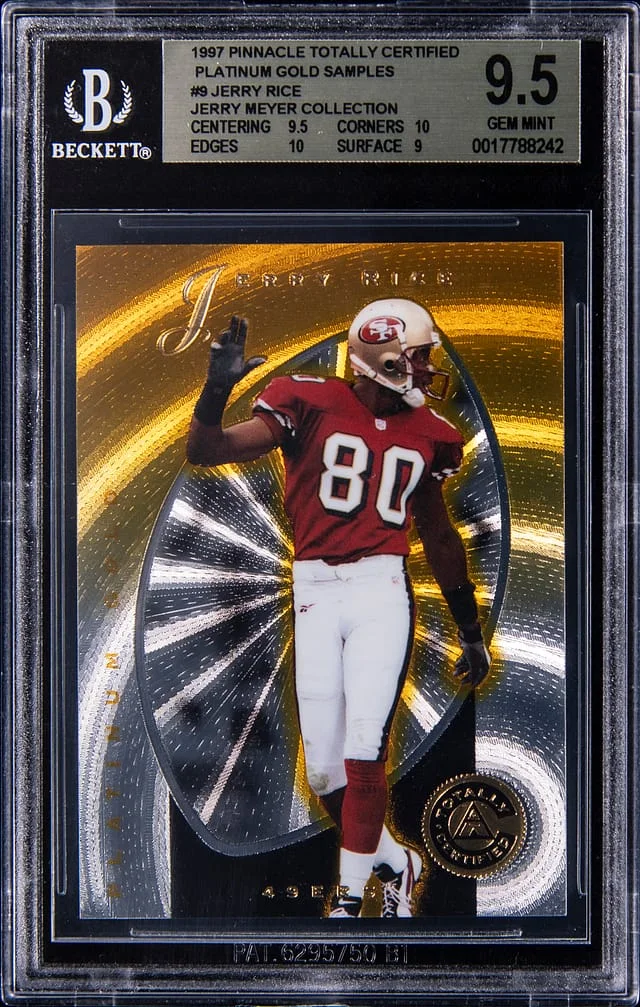 1997 Pinnacle Jerry Rice (/30) - Jerry Meyer Collection Totally Certified Platinum Gold Samples #9 card image