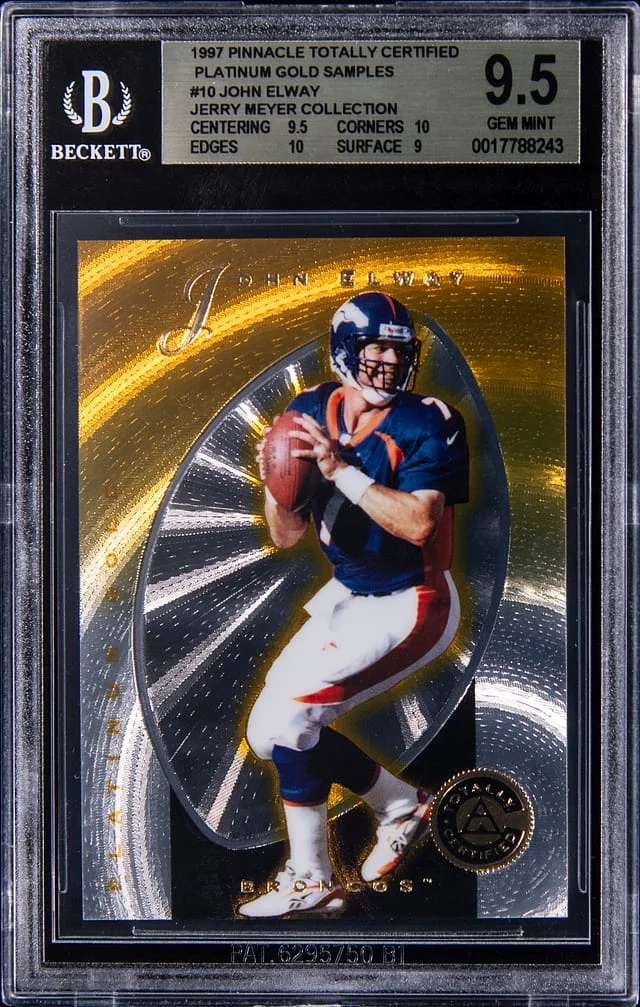 1997 Pinnacle John Elway (/30) - Jerry Meyer Collection Totally Certified Platinum Gold Samples #10 card image
