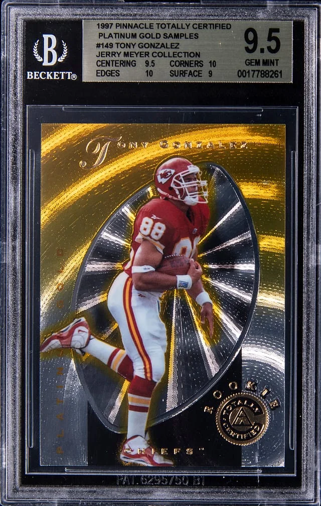 1997 Pinnacle Tony Gonzalez (/30) Totally Certified Platinum Gold Samples Jerry Meyer Collection #149 card image