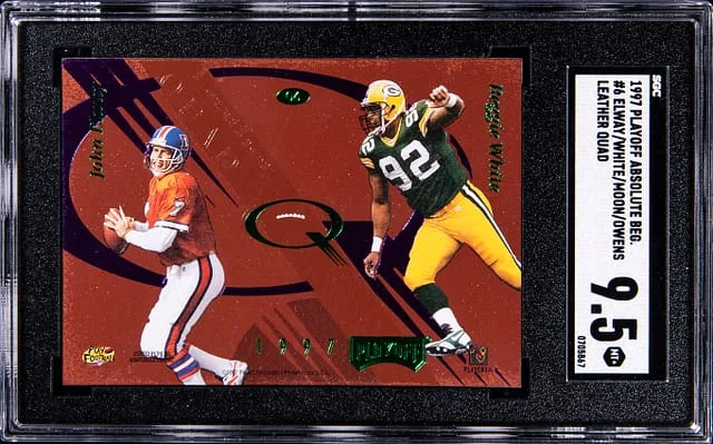 1997 Playoff Absolute Memorabilia Elway/White/Moon/Owens Leather Quad #06 card image