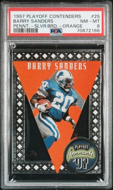 1997 Playoff Contenders Barry Sanders Pennants Silver Border-Orange #25 card image