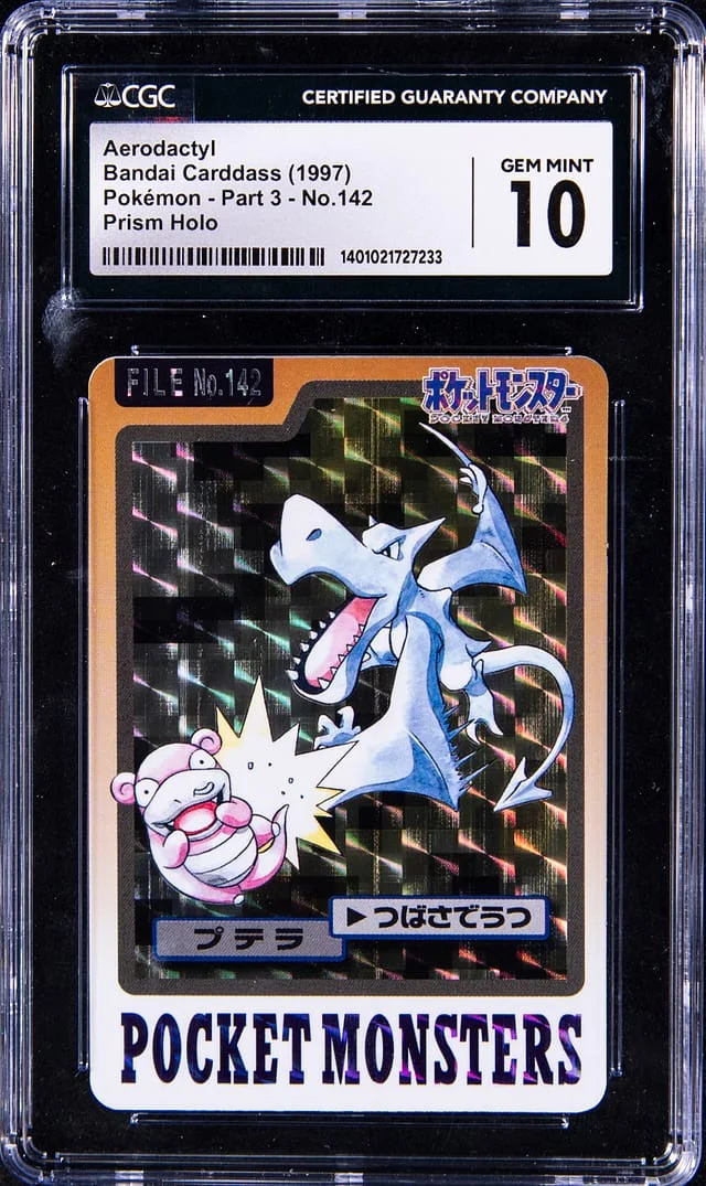 1997 Pokemon Bandai Cardass Prism Holo Aerodactyl #142 card image