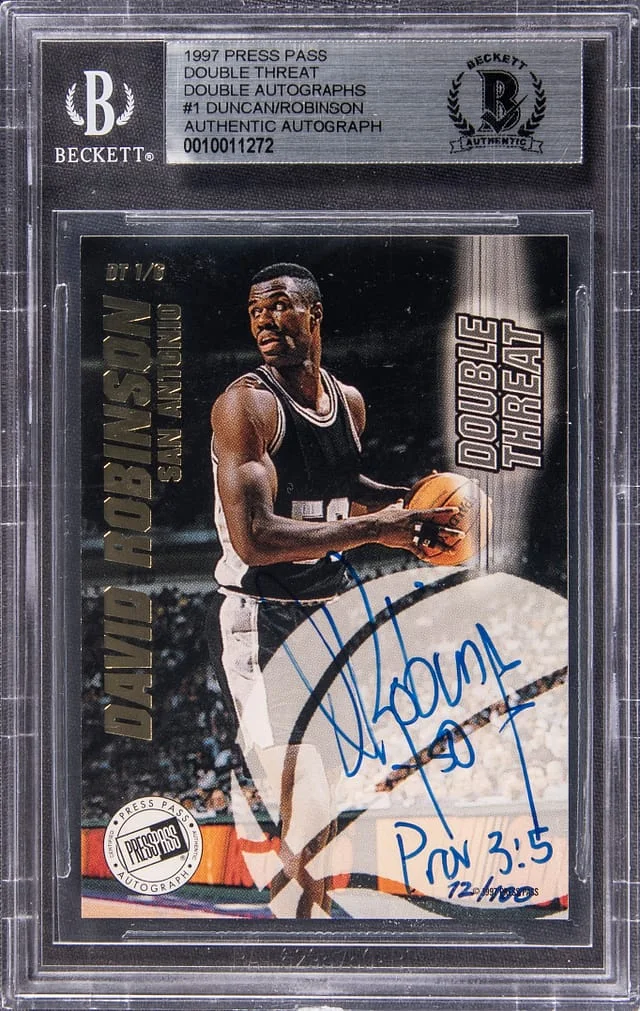 1997 Press Pass Double Threat Double Autographs David Robinson/Tim Duncan #DT1 card image