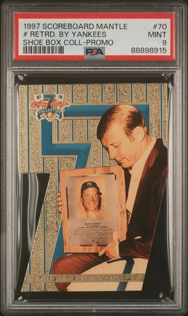 1997 Score Board # Retrd. By Yankees Mantle Shoe Box Collection Promo #70 card image