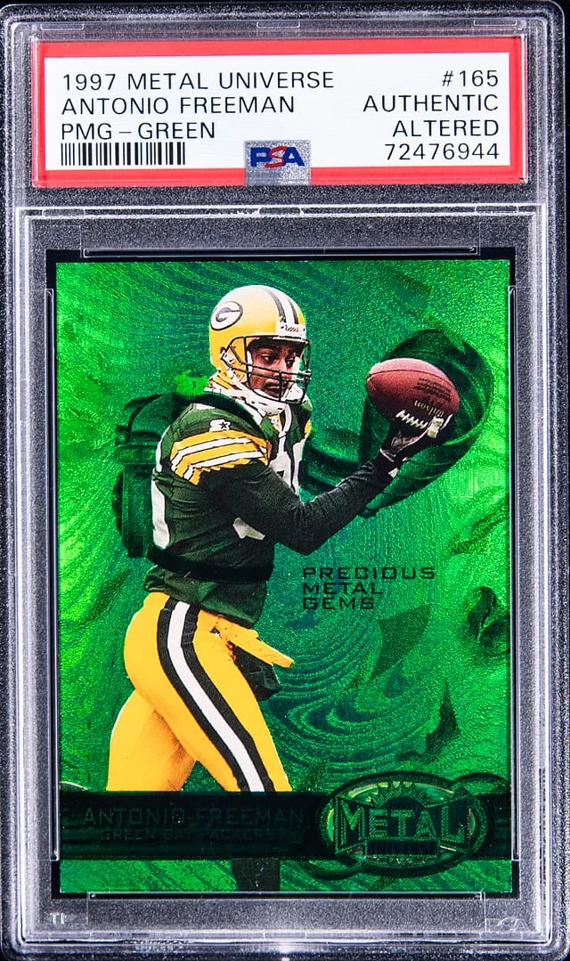 1997 SkyBox Metal Universe Antonio Freeman Precious Metal Gems (PMG) Green #165 card image