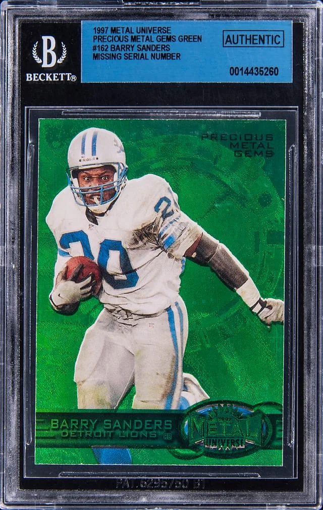 1997 SkyBox Metal Universe Barry Sanders, Missing Serial Number Precious Metal Gems (PMG) Green #162 card image