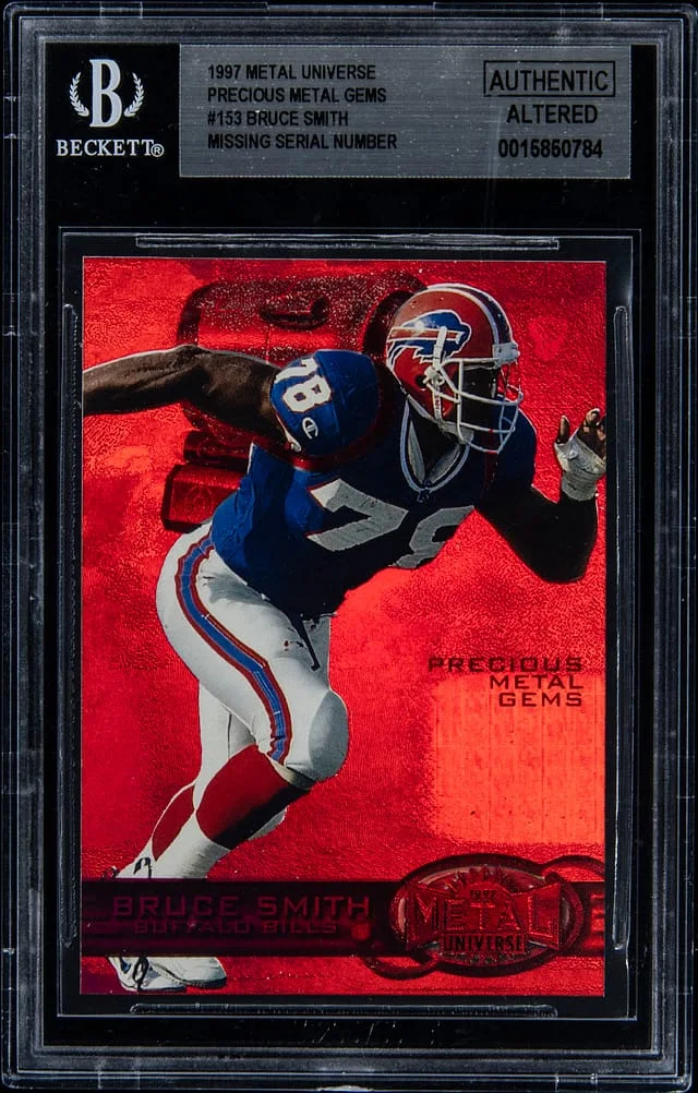 1997 SkyBox Metal Universe Bruce Smith, Missing Serial Number Precious Metal Gems (PMG) Red #153 card image