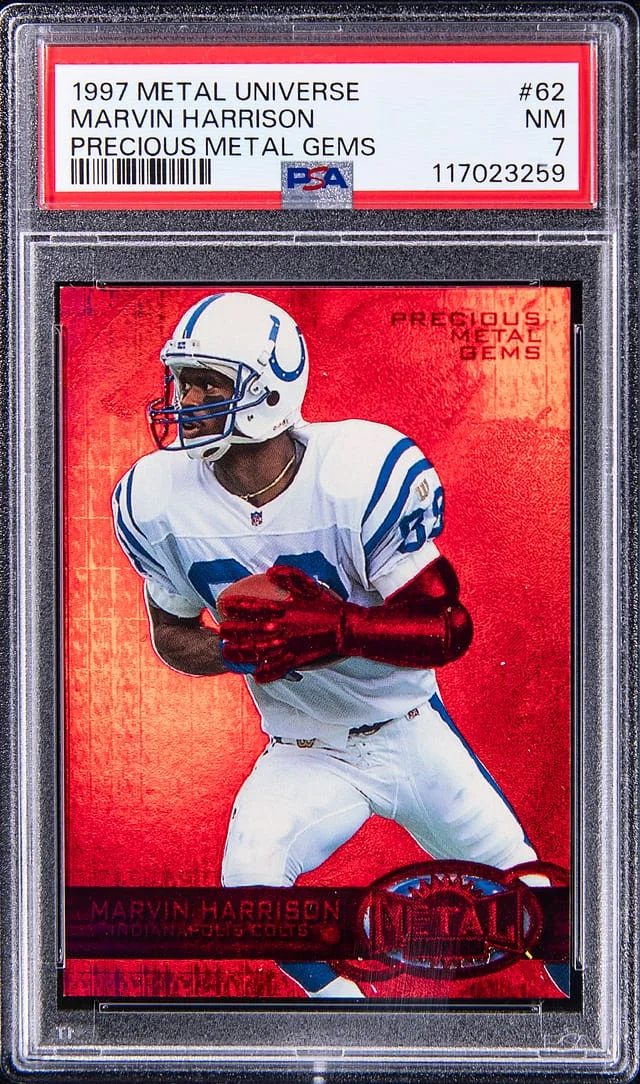 1997 SkyBox Metal Universe Marvin Harrison Precious Metal Gems (PMG) Green #62 card image