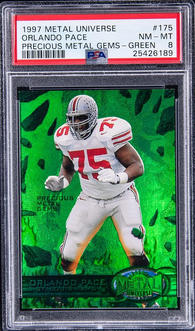 1997 SkyBox Metal Universe Orlando Pace Precious Metal Gems (PMG) Green #175 card image