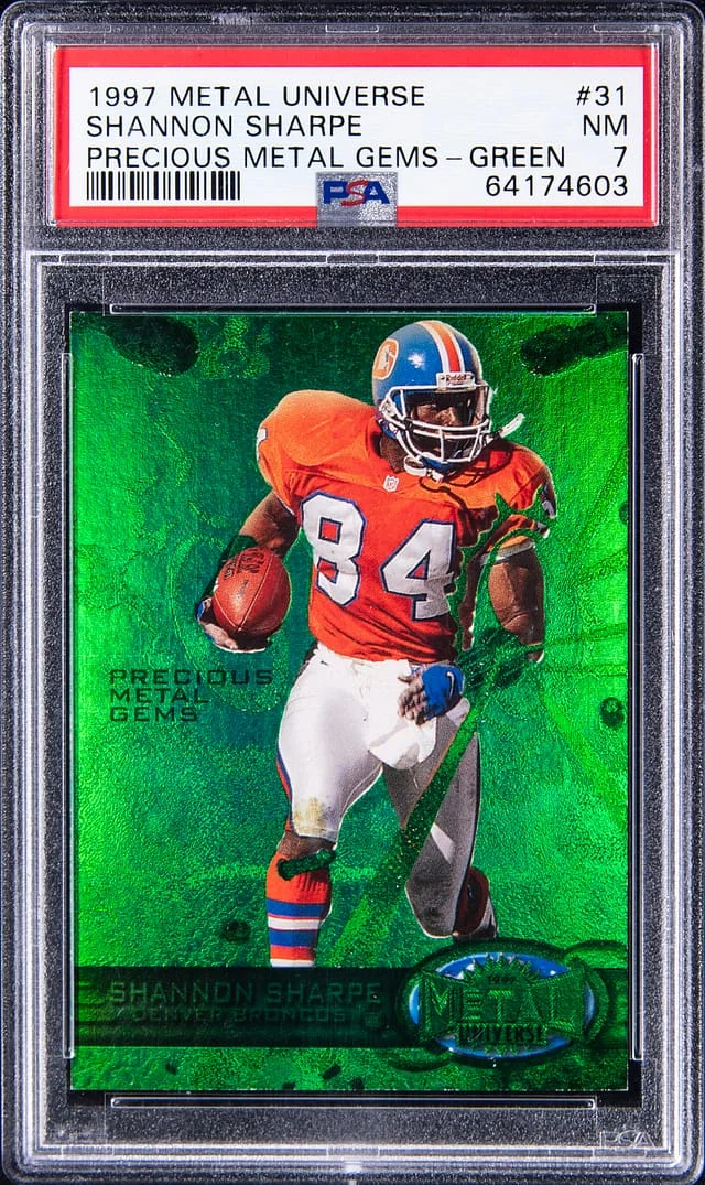 1997 SkyBox Metal Universe Shannon Sharpe Precious Metal Gems (PMG) Green #31 card image