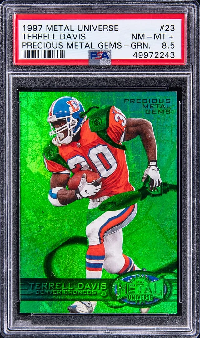 1997 SkyBox Metal Universe Terrell Davis Precious Metal Gems (PMG) Green #23 card image