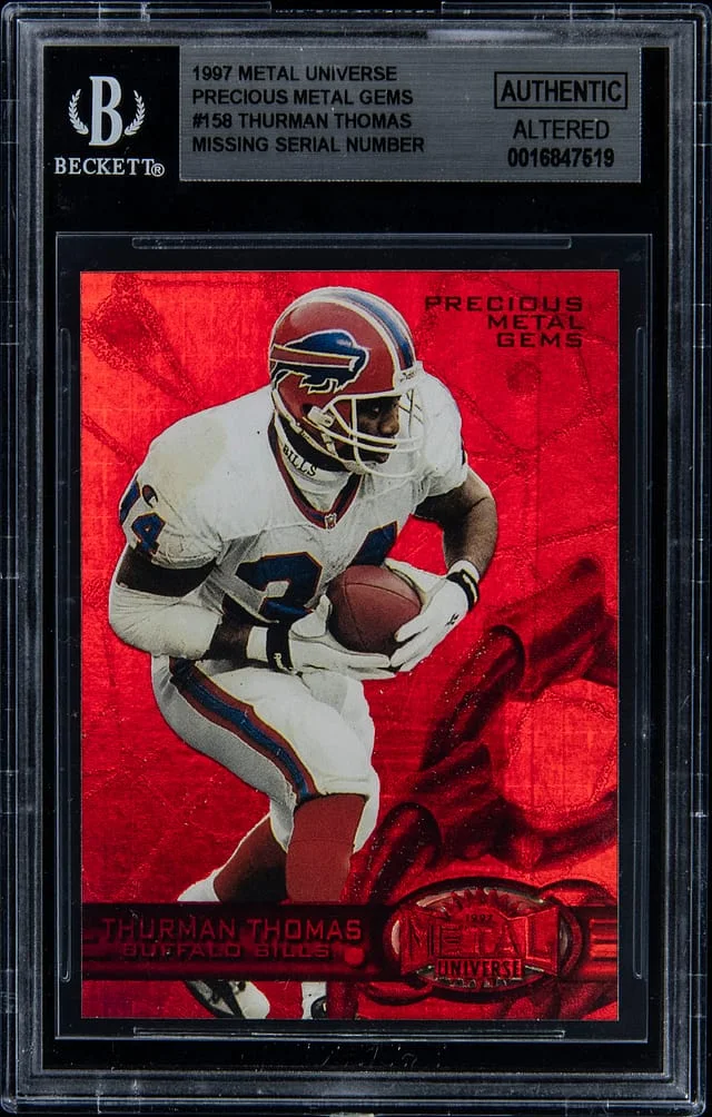 1997 SkyBox Metal Universe Thurman Thomas, Missing Serial Number Precious Metal Gems (PMG) Red #158 card image