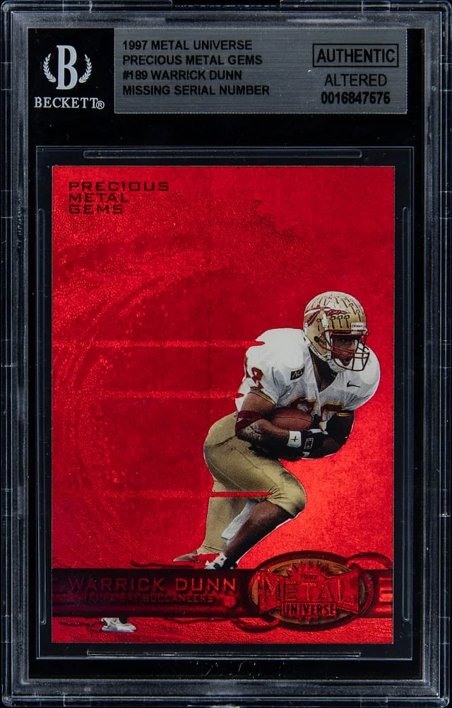 1997 SkyBox Metal Universe Warrick Dunn, Missing Serial Number Precious Metal Gems (PMG) Red #189 card image