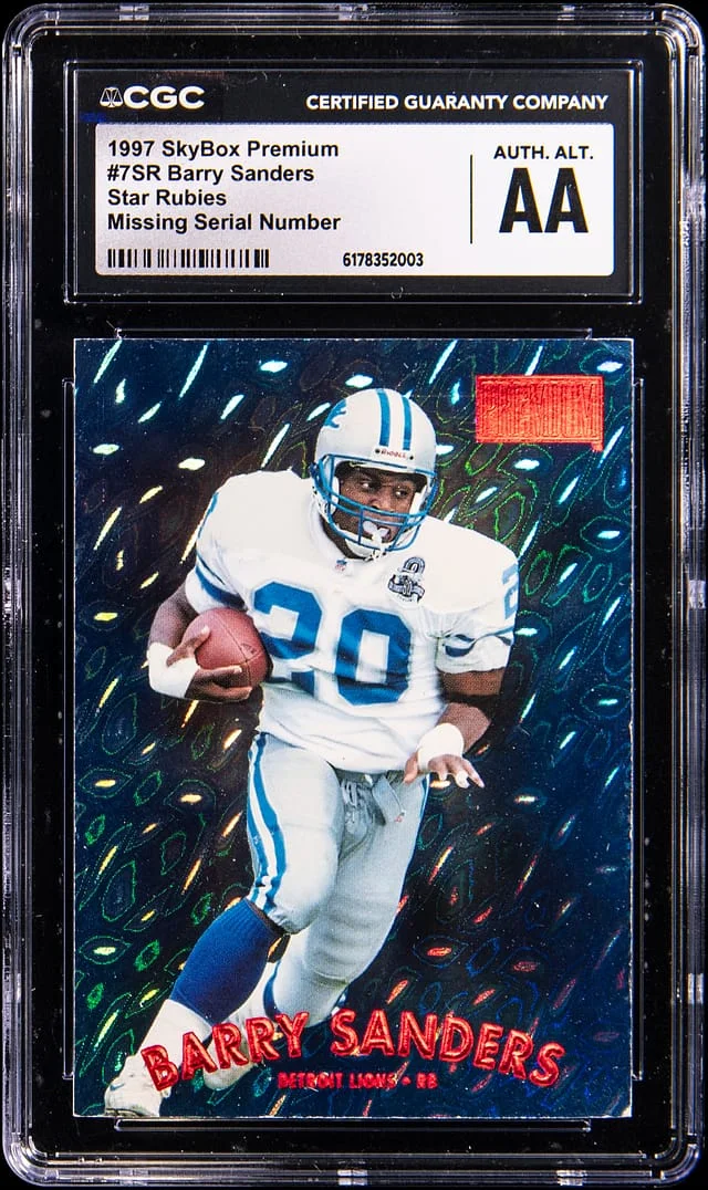 1997 SkyBox Premium Barry Sanders, Missing Serial Number Rubies #7SR card image