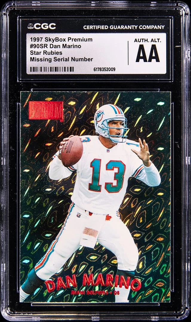 1997 SkyBox Premium Dan Marino, Missing Serial Number Rubies #90SR card image