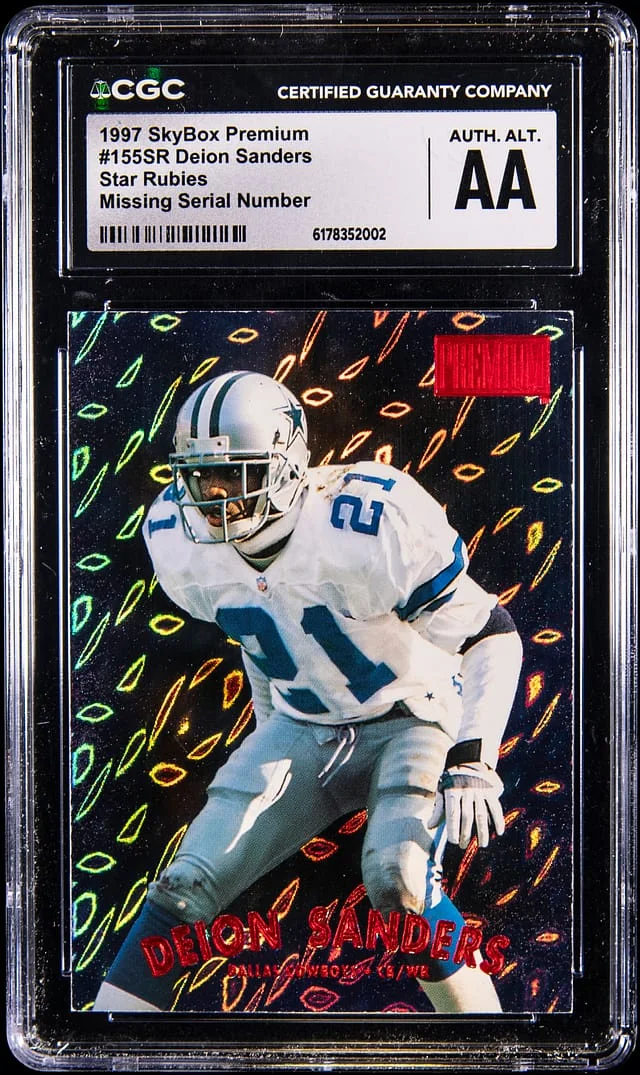 1997 SkyBox Premium Deion Sanders, Missing Serial Number Rubies #155SR card image
