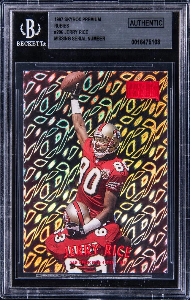 1997 SkyBox Premium Jerry Rice, Missing Serial Number Rubies #200 card image