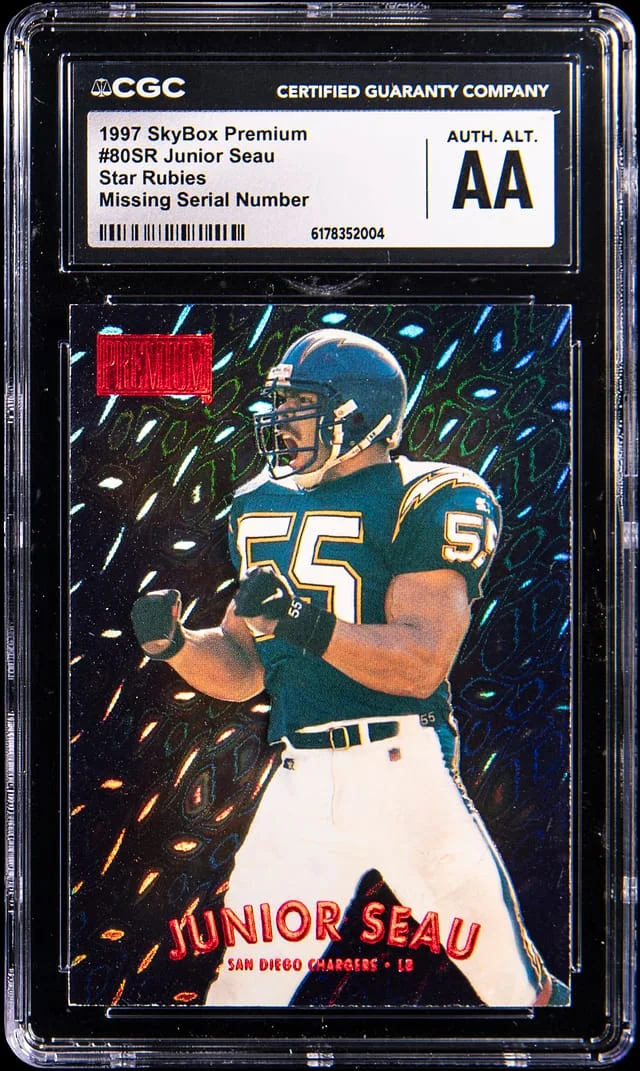 1997 SkyBox Premium Junior Seau, Missing Serial Number Rubies #80SR card image