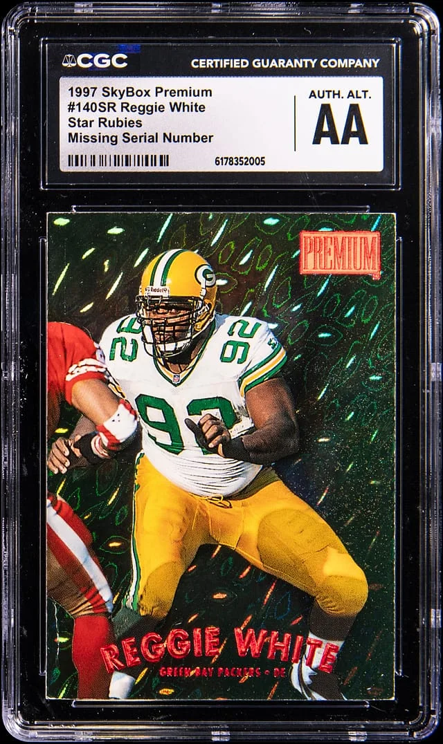 1997 SkyBox Premium Reggie White, Missing Serial Number Rubies #140SR card image