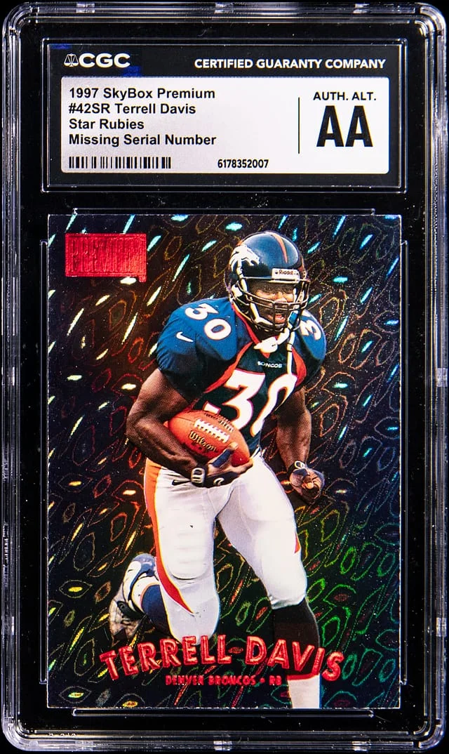 1997 SkyBox Premium Terrell Davis, Missing Serial Number Rubies #42SR card image