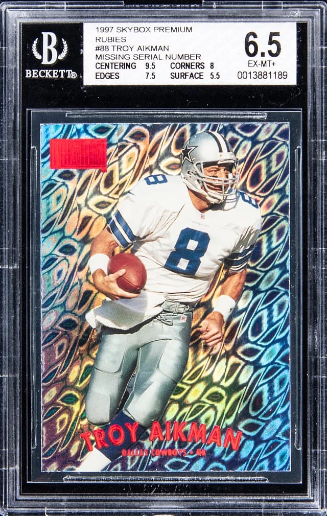 1997 SkyBox Premium Troy Aikman Rubies Missing Serial Number #88SR card image