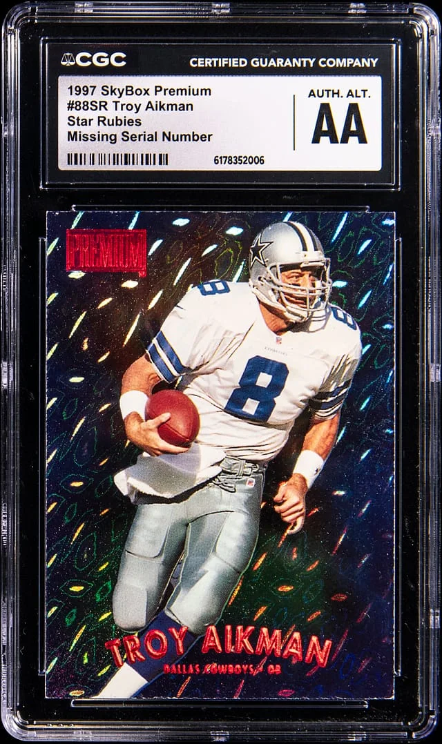 1997 SkyBox Premium Troy Aikman, Missing Serial Number Rubies #88SR card image