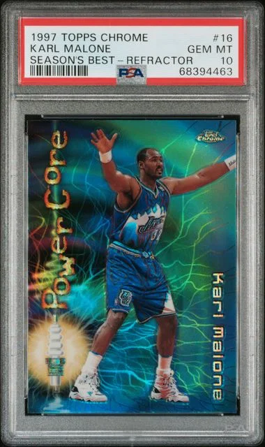 1997 Topps Chrome Karl Malone Season's Best Refractor #16 card image