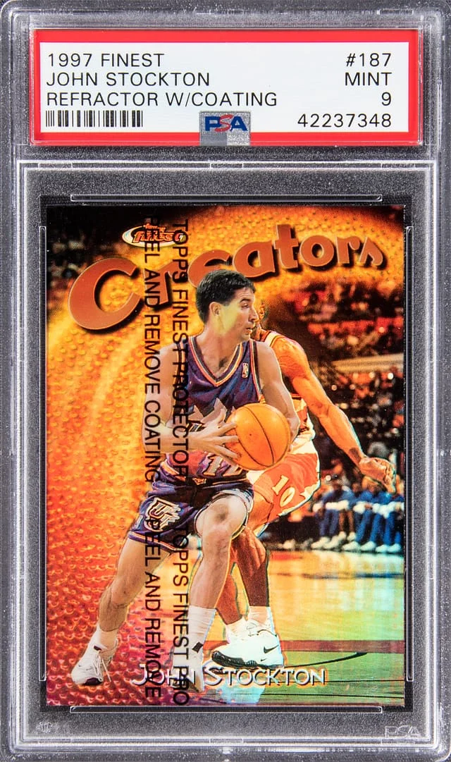 1997 Topps Finest John Stockton Refractor with Coating #187 card image