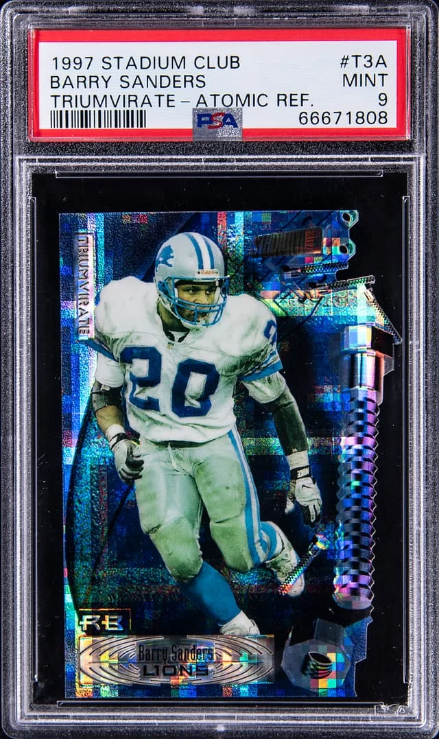 1997 Topps Stadium Club Barry Sanders Triumvirate Atomic Refractor #T3A card image