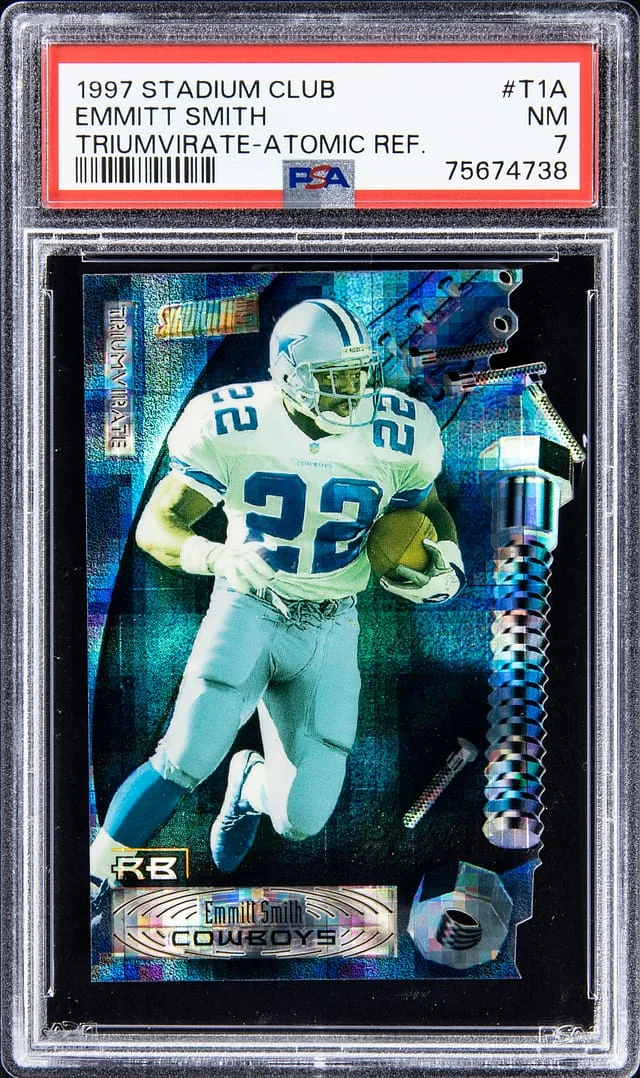 1997 Topps Stadium Club Emmitt Smith Triumvirate Atomic Refractor #T1A card image