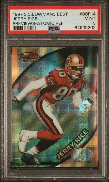 1997 Topps Stadium Club Jerry Rice Bowmans Best Previews Atomic Refractor #BBP-14 card image