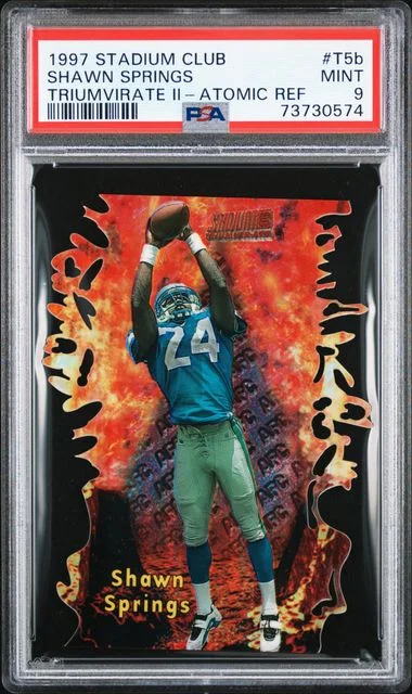 1997 Topps Stadium Club Shawn Springs Triumvirate II Atomic Refractor #T5B card image
