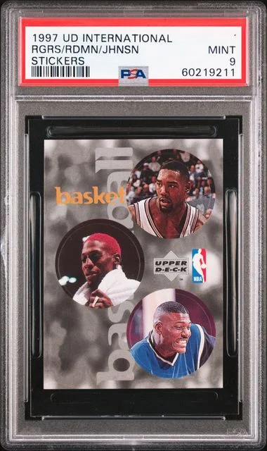 1997 Upper Deck International Stickers Dennis Rodman/Larry Johnson/Rodney Rogers #no-number card image