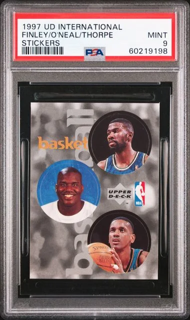 1997 Upper Deck International Stickers Michael Finley/Otis Thorpe/Shaquille O'Neal #no-number card image