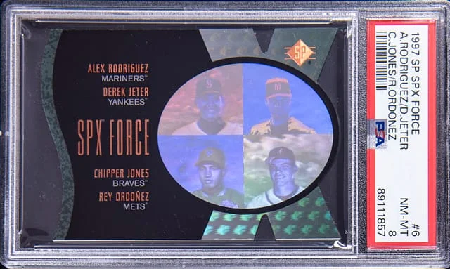 1997 Upper Deck SP Derek Jeter/Alex Rodriguez/Chipper Jones/Rey Ordonez SPx Force #6 card image