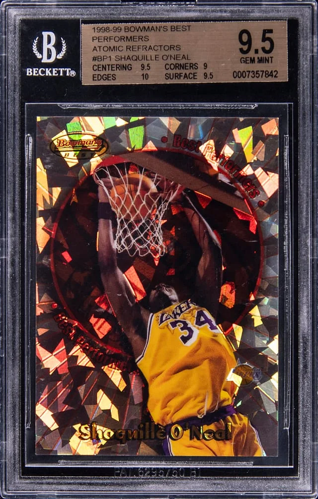 1998-99 Bowman's Best Shaquille O'Neal Performers Atomic Refractor #BP1 card image