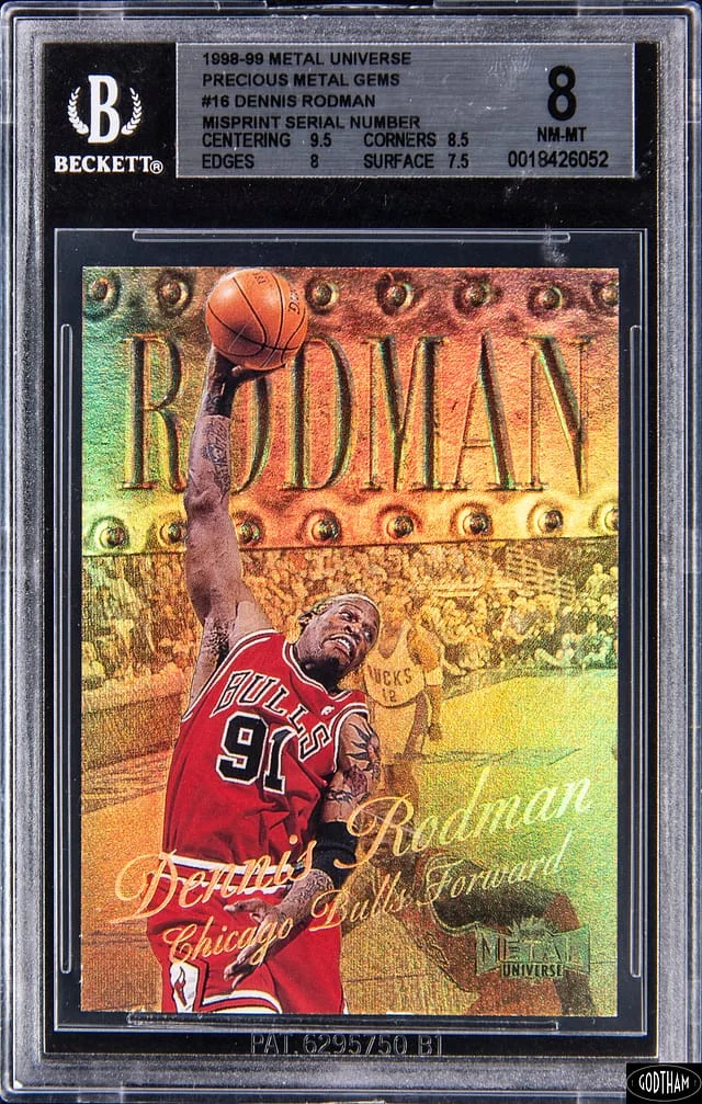 1998-99 SkyBox Metal Universe Dennis Rodman, Misprint Serial Number Precious Metal Gems (PMG) #16 card image