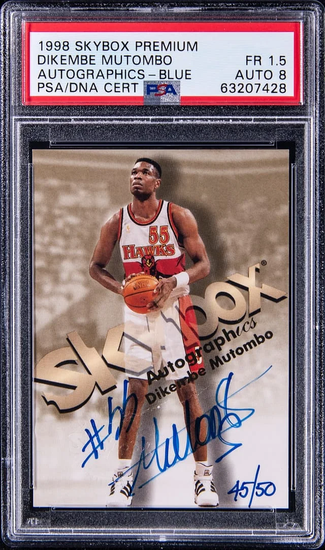 1998-99 SkyBox Premium Autographics Blue Dikembe Mutombo #no-number card image